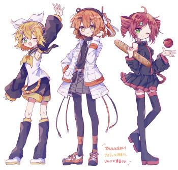 3girls ;d a.i._voice adachi_rei adachi_rei_(cosplay) ahoge amitie_(puyopuyo) andou_ringo apple arle_nadja arm_up armpit_focus armpits baguette bare_shoulders black_boots black_hairband black_sailor_collar black_shirt black_shorts black_skirt black_sleeves blonde_hair blush boots bow_hairband bread character_name closed_mouth coat collared_shirt commentary_request cosplay detached_sleeves double-parted_bangs drill_hair food fruit full_body futaba969649 green_eyes grey_skirt hair_ornament hairband hairclip hand_up headset highres holding holding_food kagamine_rin kagamine_rin_(cosplay) kasane_teto kasane_teto_(cosplay) kasane_teto_(utau) leg_warmers long_sleeves looking_at_viewer miniskirt multiple_girls neckerchief one_eye_closed open_clothes open_coat open_mouth orange_hair outstretched_arm pantyhose parallel_hairclips parted_bangs pleated_skirt ponytail puyopuyo red_hair sailor_collar shirt shoes short_hair shorts simple_background skirt sleeveless sleeveless_shirt smile sneakers standing thigh_boots thighhighs translated twin_drills utau vocaloid white_background white_coat white_hairband white_shirt white_shoes yellow_eyes yellow_neckerchief zettai_ryouiki