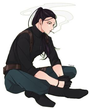 1boy baggy_pants bindi black_footwear black_gloves black_hair black_shirt blue_pants breasts character_name cigarette final_fantasy final_fantasy_vii final_fantasy_vii_remake gloves harness highres indian_style long_hair looking_to_the_side male_focus own_hands_together pants ponytail shirt sideboob sitting sleeves_rolled_up smoke smoking solo square_enix suspenders tseng turks_(ff7) turtleneck white_background y_skk