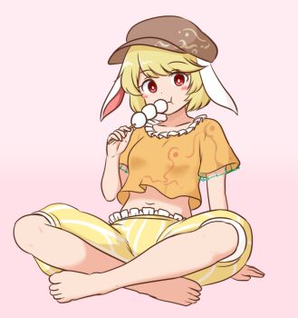 Rule 34 | 1girl, animal ears, barefoot, blonde hair, blush, bright pupils, brown hat, commentary request, dango, eating, floppy ears, food, full body, hat, holding, holding food, indian style, knees, midriff, mizusoba, navel, orange shirt, pink background, rabbit ears, rabbit girl, red eyes, ringo (touhou), shirt, short hair, short sleeves, shorts, sitting, solo, striped clothes, striped shorts, toes, touhou, wagashi, white pupils, yellow shorts