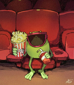 1boy animification blue_eyes colored_skin cyclops food full_body green_eyes green_skin horns male_focus mike_wazowski monsters_inc. no_humans one-eyed open_mouth popcorn smile solo teeth yokotn