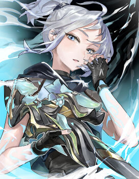 1girl absurdres black_gloves blue_eyes blue_jacket fingerless_gloves gloves grey_hair grey_nails gun highres holding holding_gun holding_weapon hood hood_down hooded_jacket jacket jett_(valorant) looking_at_viewer nail_polish okoge_(koge_chan) open_mouth ponytail rifle sniper_rifle solo valorant weapon