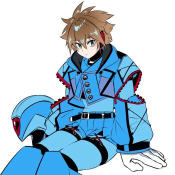 Rule 34 | 1boy, armor, blue armor, blue helmet, blue jacket, blue shorts, brown hair, commentary request, cropped jacket, green eyes, helmet, invisible chair, jacket, magatatara, male focus, mega man (series), mega man x (series), short hair, shorts, simple background, sitting, solo, unworn headwear, white background, x (mega man)