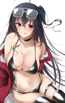Rule 34 | 1girl, :q, absurdres, azur lane, bare shoulders, bikini, black bikini, black choker, black hair, black thighhighs, breasts, choker, cleavage, commentary request, crossed bangs, ex takehito, eyewear on head, glasses, hair between eyes, highres, jacket, large breasts, long hair, looking at viewer, official alternate costume, race queen, rectangular eyewear, red eyes, red jacket, simple background, solo, swimsuit, taihou (azur lane), taihou (enraptured companion) (azur lane), thighhighs, tongue, tongue out, variant set, very long hair, white background