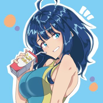1girl blue_eyes blue_hair breasts drink_carton grin highres juice_box large_breasts looking_at_viewer make_heroine_ga_oo_sugiru! medium_hair one-piece_swimsuit smile solo swimsuit teeth yanami_anna