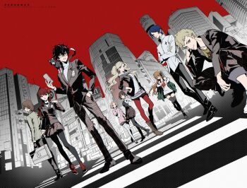 4boys 5girls ahoge akechi_gorou amamiya_ren arm_at_side billboard black-framed_eyewear black_boots black_bow black_cat black_eyes black_gloves black_hair black_jacket black_pants black_pantyhose black_shoes black_shorts black_skirt black_tank_top black_thighhighs black_vest blonde_hair blue_eyes blue_hair blunt_bangs boots bow briefcase brown_eyes brown_hair building cat cellphone city commentary_request copyright_name crossed_arms crosswalk curly_hair doran_(doran7280) dress_shirt dutch_angle english_text everyone facing_to_the_side facing_viewer from_behind full_body fur-trimmed_jacket fur_trim glasses gloves green_jacket grey_jacket hair_between_eyes hair_bow hand_in_pocket hand_on_own_chest hand_on_own_ear hand_on_own_knee hand_on_own_shoulder hand_up hands_on_own_hips headphones holding holding_briefcase holding_phone hood hoodie jacket kitagawa_yuusuke knee_up kosei_high_school_uniform light_smile long_hair long_sleeves looking_at_viewer looking_back looking_to_the_side mary_janes messy_hair morgana_(cat)_(persona_5) morgana_(persona_5) multiple_boys multiple_girls niijima_makoto okumura_haru open_clothes open_jacket orange_hair outdoors pants pants_rolled_up pantyhose parted_bangs persona persona_5 persona_5_the_royal phone pink_sweater plaid_clothes plaid_pants plaid_skirt pleated_skirt ponytail red_bow red_eyes red_hair red_pantyhose red_shoes red_sky sakamoto_ryuuji sakura_futaba school_uniform shibuya_(tokyo) shirt shoes short_hair short_shorts shorts shuujin_academy_school_uniform sidelocks skirt sky skyscraper smartphone squatting sweater takamaki_anne tank_top thighhighs tokyo_(city) turtleneck turtleneck_sweater twintails vest white_hoodie white_pantyhose white_shirt white_shoes yellow_shirt yoshizawa_kasumi