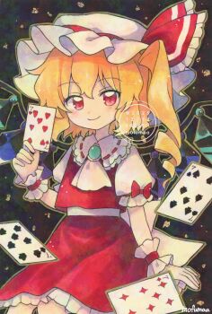 Rule 34 | 1girl, artist name, ascot, blonde hair, bow, brooch, card, closed mouth, club (shape), collared shirt, commentary, crystal, crystal wings, dated, diamond (shape), flandre scarlet, frilled shirt collar, frilled skirt, frills, hat, heart, highres, holding, holding card, jewelry, long hair, looking at viewer, maa (forsythia1729), mob cap, multicolored wings, one side up, playing card, puffy short sleeves, puffy sleeves, red bow, red eyes, red skirt, red vest, ribbon-trimmed collar, ribbon trim, shirt, short sleeves, skirt, skirt set, sleeve bow, smile, solo, spade (shape), touhou, traditional media, twitter username, vest, watermark, white ascot, white hat, white shirt, wings, wrist cuffs