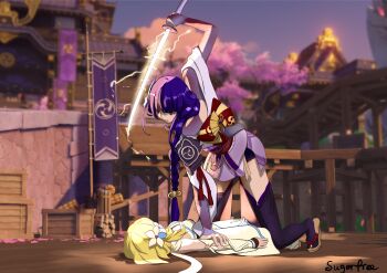 absurdres architecture artist_name back_bow bad_end bare_shoulders bent_over blonde_hair blunt_bangs blurry blurry_background bow braid bridal_gauntlets captured clothing_cutout commentary_request defeat dress east_asian_architecture electricity flower from_below from_side full_body game_screenshot game_screenshot_background genshin_impact girl_on_top glowing glowing_sword glowing_weapon hair_flower hair_ornament hair_over_shoulder highres holding holding_sword holding_weapon japanese_clothes katana kneeling leaning_forward long_braid looking_down looking_to_the_side lumine_(genshin_impact) lying mitsudomoe_(shape) off_shoulder on_back open_mouth outdoors powering_up purple_eyes purple_hair purple_thighhighs raiden_shogun red_sash restrained sash scarf screencap screenshot_background shade short_hair short_sleeves shoulder_cutout single_braid sword thighhighs thighs tomoe_(symbol) unconscious weapon white_dress white_flower white_scarf wide_sleeves xan_yu