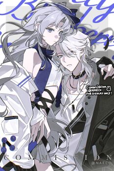 1boy 1girl black_jacket blue_eyes choker english_text evodtonaeco grey_hair hair_ornament hand_on_another&#039;s_shoulder highres jacket jewelry long_hair long_sleeves looking_at_viewer necklace off_shoulder open_clothes open_jacket original parted_bangs purple_hair shirt skirt t-shirt watermark
