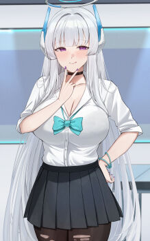 absurdres black_pantyhose black_skirt blue_archive blush bra breasts halo highres large_breasts licking_lips long_hair mechanical_halo noa_(blue_archive) pantyhose pleated_skirt purple_eyes ref_(pmxt4483) see-through_clothes see-through_shirt shirt skirt solo tongue tongue_out torn_clothes torn_pantyhose underwear white_hair white_shirt