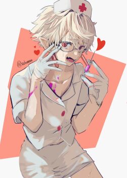 1boy collarbone commentary_request cowboy_shot crazy_smile crossdressing crossdressing_(mtf) fang glasses gloves hands_up hat heart highres holding holding_syringe looking_at_viewer male_focus miniskirt nurse nurse_cap open_mouth original pointy_ears red_eyes sahi00000 shirt short_hair short_sleeves skin_fang skirt smile solo sweat syringe white_gloves white_hair white_hat white_shirt white_skirt