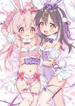 2girls :d ahoge animal_ear_hairband animal_ears armpits arms_up bed_sheet black_hair blush bow bowtie breasts brown_eyes fake_animal_ears fishnet_thighhighs fishnets flat_chest fur-trimmed_leotard fur_trim hair_between_eyes hair_bow hair_down hair_ornament hairband hairclip heart jacket leotard loli long_hair looking_at_viewer lying midriff mochitsuki_kagami multicolored_hair multiple_girls navel official_alternate_costume on_back onii-chan_wa_oshimai! open_clothes open_jacket open_mouth oyama_mahiro oyama_mihari pink_bow pink_bowtie pink_hair purple_bow purple_bowtie purple_hair rabbit_ears rabbit_tail siblings side-tie_leotard sisters small_breasts smile tail thigh_gap thigh_strap thighhighs two-tone_hair white_hairband
