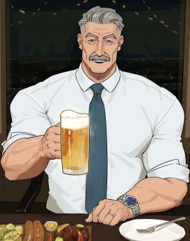 1boy bara beer_mug blue_necktie chair cityscape collared_shirt cup facial_hair food fork grey_eyes grey_hair highres holding holding_cup indoors jewelry looking_at_viewer male_focus mature_male mug muscular muscular_male mustache necktie night old old_man on_chair open_mouth original plate ring sa1k0p shirt short_hair sitting smile solo watch wedding_ring white_shirt window wristwatch