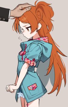 1boy 1girl absurdres commentary_request headpat highres hood hooded_jacket idolmaster idolmaster_million_live! jacket long_hair ogami_tamaki one_side_up orange_eyes orange_hair pout producer_(idolmaster) shorts sillon solo_focus tearing_up