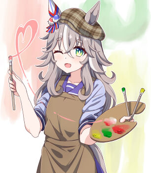 Rule 34 | 1girl, animal ears, blush, breasts, collarbone, commentary request, grey hair, hair between eyes, hair ornament, hat, heart, highres, hiro (pqtks113), holding, holding paintbrush, horse tail, looking at viewer, one eye closed, open mouth, paintbrush, ribbon, school uniform, simple background, small breasts, solo, tail, thick eyebrows, tracen school uniform, umamusume, wonder acute (umamusume)