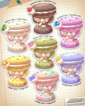blue_eyes colored_sclera fakemon food fruit gooompy green_eyes highres macaron nintendo no_humans orange_eyes original pink_eyes pokemon pokemon_(creature) pokemon_focus red_eyes strawberry yellow_eyes