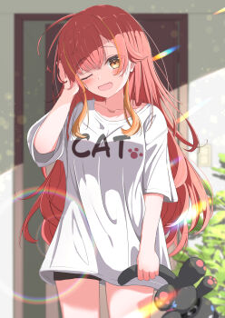 1girl absurdres black_shorts bule_blue_2 commentary_request hand_up highres holding holding_stuffed_toy indoors long_hair looking_at_viewer nekota_tsuna one_eye_closed open_clothes orange_eyes red_hair shirt short_shorts short_sleeves shorts sleepy solo standing stuffed_animal stuffed_toy virtual_youtuber vspo! white_shirt yawning