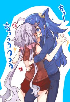 2girls absurdres bare_arms black_pants blue_background blue_eyes blue_hair blue_shirt blush collared_shirt commentary grey_hair highres hood hoodie hug huleito kazanari_tsubasa kiss leg_between_thighs long_hair long_sleeves multiple_girls one_side_up outline pants red_hoodie red_shorts senki_zesshou_symphogear shirt shorts simple_background sleeveless sleeveless_hoodie translation_request twintails white_outline yukine_chris yuri