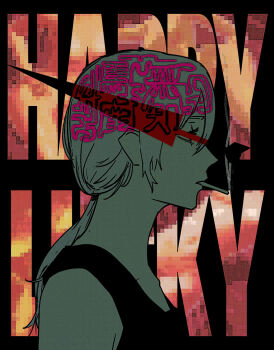 1girl arrow_(projectile) chainsaw_man cigarette commentary english_text from_side highres limited_palette ponytail portrait quanxi_(chainsaw_man) smoking solo spect_ion tank_top