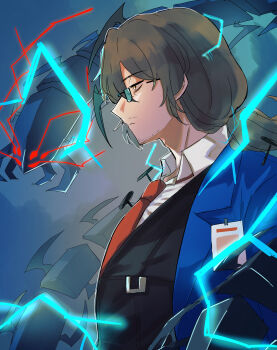 1boy absurdres aedd_(e.g.o) alternate_costume arthropod_limbs bags_under_eyes beard_stubble belt black-framed_eyewear black-framed_glasses black_vest blue_background blue_coat blue_theme breast_pocket brown_hair buckle bug bug_arm closed_mouth coat collared_shirt creature dress_shirt e.g.o_(project_moon) electricity expressionless facial_hair formal_clothes from_side glasses glowing gregor_(project_moon) hair_between_eyes hair_intakes half-closed_eyes highres id_card jacket jitome kikkoinu lapels lightning limbus_company long_coat long_hair long_sleeves looking_afar looking_ahead low_ponytail male_focus nail_(hardware) name_tag necktie official_alternate_costume open_clothes open_coat pants parted_bangs photoshop_(medium) pocket ponytail pouch profile project_moon rectangular_eyewear red_necktie sanpaku semi-rimless_eyewear serious shirt shock_centipede_(project_moon) sideways_mouth simple_background solo stubble suit tinted_eyewear under-rim_eyewear undershirt upper_body vest white_shirt white_undershirt wing_collar yellow_eyes