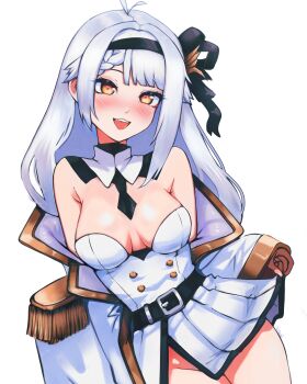 1girl ahoge breasts indie_virtual_youtuber jacket matoi_miia medium_breasts military military_jacket military_uniform skirt virtual_youtuber white_hair xobevol yellow_eyes