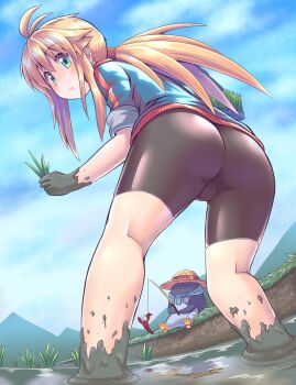 1girl ahoge ass bike_shorts bird blonde_hair cloud day dirty fishing fishing_rod from_behind from_below green_eyes hat highres jacket kneepits koshirae_tsurugi_(m.m) leaning_forward legs lobster long_hair looking_back looking_down m.m mud open_mouth original outdoors penguin ponytail rice_paddy shorts sky sleeves_rolled_up sun_hat
