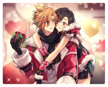 1boy 1girl arm_around_neck balloon black_gloves black_hair black_scarf blonde_hair blue_eyes blurry blurry_background blush capelet christmas cloud_strife cloud_strife_(holiday_outfit) commentary_request couple cowboy_shot final_fantasy final_fantasy_vii final_fantasy_vii:_ever_crisis fur-trimmed_capelet fur-trimmed_jacket fur-trimmed_skirt fur_trim gloves heart_balloon hetero hug hug_from_behind jacket leaning_on_person long_hair looking_at_another minato_(ct_777) miniskirt official_alternate_costume red_capelet red_eyes red_jacket red_skirt scarf short_hair skirt sparkle spiked_hair sweater tifa_lockhart tifa_lockhart_(fairy_of_the_holy_flame) white_sweater