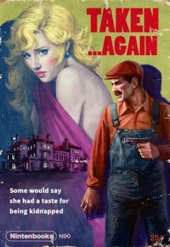1boy 1girl astor_alexander blonde_hair blue_eyes brown_hair commentary cover damaged derivative_work earrings english_text facial_hair fake_cover gun handgun hat highres jewelry lips long_hair manly mansion mario mario_(series) mustache nintendo overalls parody princess_peach realistic reference_work retro_artstyle style_parody weapon