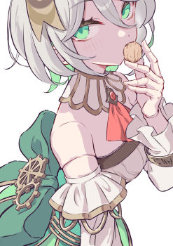 1girl ascot back_bow bow cecilia_immergreen cecilia_immergreen_(1st_costume) colored_inner_hair commentary_request detached_collar detached_sleeves doll_joints eternaltanbo food from_behind from_side gears green_bow green_eyes green_hair green_skirt grey_hair hair_between_eyes highres holding holding_food hololive hololive_english joints light_blush looking_at_viewer multicolored_hair nut_(food) red_ascot short_hair simple_background skirt solo two-tone_hair upper_body virtual_youtuber walnut white_background white_sleeves