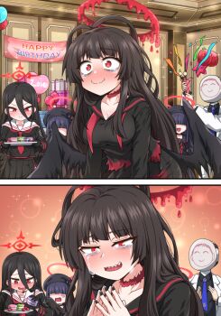 1boy 2koma 4girls absurdres doodle_sensei_(blue_archive) bags_under_eyes black_hair black_serafuku black_wings blue_archive blush breasts cleavage collarbone comic devil_yanghyeok extra feathered_wings fingernails food hair_over_eyes halo happy_birthday hasumi_(blue_archive) highres indoors justice_task_force_member_(blue_archive) large_breasts macaron melting_halo multiple_girls nail_polish own_hands_together red_eyes red_halo school_uniform sensei_(blue_archive) serafuku sharp_teeth silent_comic teardrop tearing_up tears teeth tsurugi_(blue_archive) wings