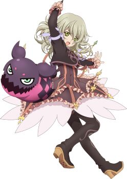 Rule 34 | 1girl, artist request, black boots, blonde hair, boots, bow, commentary, creature, cropped jacket, doll, dress, elize lutus, frills, full body, game cg, green eyes, highres, holding, holding staff, jewelry, looking at viewer, medium hair, official art, open mouth, pendant, purple bow, purple dress, purple ribbon, ribbon, solo, staff, tales of (series), tales of asteria, tales of xillia, teepo (tales), third-party source, transparent background