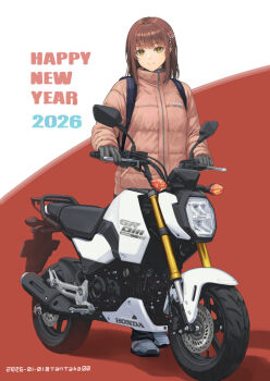 1girl 2026 backpack bag black_pants brown_background brown_eyes brown_hair brown_jacket closed_mouth commentary_request dated gloves grey_gloves happy_new_year honda jacket long_hair looking_at_viewer new_year original pants shoes smile solo tantaka twitter_username two-tone_background white_background white_shoes