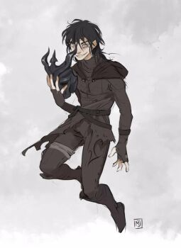 Rule 34 | 1boy, :d, alaina sketch, bags under eyes, belt, black hair, black tunic, blue eyes, boots, floating, full body, grin, holding, holding mask, knees up, long hair, looking at viewer, male focus, mask, open mouth, shadow slave, shoulder pads, smile, solo, sunny (shadow slave), tunic