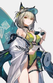 Rule 34 | 1girl, alternate costume, amiya (arknights), animal ear fluff, animal ears, arknights, armpit crease, black choker, bracelet, breasts, choker, coat, collared one-piece swimsuit, covered navel, cowboy shot, cup, doctor (arknights), drinking glass, green eyes, green one-piece swimsuit, grey hair, hair between eyes, hand up, highres, holding, holding paper, holding removed eyewear, jewelry, kal'tsit (arknights), kumatangent, looking at viewer, material growth, medium breasts, mon3tr (arknights), mon3tr (summon) (arknights), off shoulder, one-piece swimsuit, oripathy lesion (arknights), paper, parted lips, picture frame, rhodes island logo (arknights), short hair, solo, standing, sunglasses, surfboard, swimsuit, thigh strap, tumbler glass, unworn eyewear, white bag, white coat