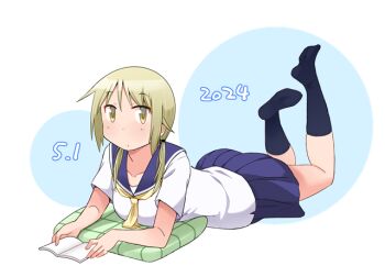 1girl black_socks blonde_hair blue_background blue_sailor_collar blue_skirt book circle closed_mouth commentary_request cushion dated dot_mouth feet_up full_body holding holding_book ichii_yui katatsuka_kouji kneehighs long_hair looking_at_viewer low_twintails lying miniskirt neckerchief no_shoes on_stomach open_book pleated_skirt sailor_collar school_uniform serafuku shirt short_sleeves skirt socks solo the_pose twintails two-tone_background white_background white_shirt yellow_eyes yellow_neckerchief yuyushiki yuyushiki's_school_uniform