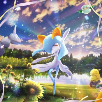 arm_up artist_name blue_hair blue_sky closed_eyes cloud cottonee dancing drowzee flower forest gen_1_pokemon gen_2_pokemon gen_3_pokemon gen_5_pokemon grass hair_over_one_eye highres horns kirlia kokuren lake nature nintendo no_feet on_grass onix pokemon pokemon_(creature) quilava sidelocks sky smile sun sunflower water