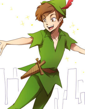 1boy black_footwear boots brown_eyes brown_hair bug fairy feathers fly fly_agaric green_hat green_shirt green_tunic hat hat_feather holding holding_sword holding_weapon inker_bell_(novel_character) insect instrument leaf mushroom peter_pan_(novel) pointy_ears red_feathers sagara_shino shirt short_hair size_difference sword tinker_bell_(disney) toon_(style) tunic walt_disney&#039;s_peter_pan watermark weapon