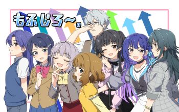 1boy 6+girls :3 :d adjusting_eyewear black_hair blue_eyes blue_hair blue_sweater_vest blunt_bangs bow bowtie brown_eyes brown_hair brown_jacket closed_eyes closed_mouth commentary_request dress gakuen_idolmaster glasses gradient_hair green_eyes green_hair grey_hair grey_jacket hazama_michio highres idolmaster idolmaster_(classic) idolmaster_cinderella_girls idolmaster_dearly_stars idolmaster_million_live! idolmaster_shiny_colors idolmaster_side-m idolmaster_va-liv in-franchise_crossover jacket kamizuru_cosmo kisaragi_chihaya koshimizu_sachiko lapels long_hair long_sleeves mayuzumi_fuyuko mizutani_eri mofujiro multicolored_hair multiple_girls notched_lapels one_eye_closed open_mouth over-rim_eyewear pink_bow pink_bowtie purple_hair semi-rimless_eyewear short_hair short_sleeves smile standing suou_momoko sweatdrop sweater_vest tsukimura_temari two_side_up virtual_youtuber yellow_bow yellow_bowtie yellow_dress