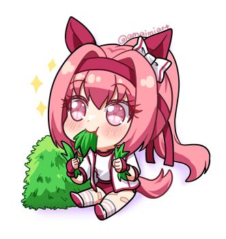 1girl amaimi artist_name bandaid_on_thigh bow buruma chibi commentary ear_covers eating english_commentary grass hair_intakes haru_urara_(bestest_prize)_(umamusume) haru_urara_(umamusume) headband high_ponytail holding kneehighs long_hair looking_ahead mouth_hold open_clothes pink_eyes pink_hair ponytail red_buruma red_headband red_shoes shirt shoes short_sleeves simple_background sitting socks solo striped_clothes symbol-shaped_pupils tracen_training_uniform twitter_username umamusume very_long_hair white_background white_bow white_shirt white_shoes