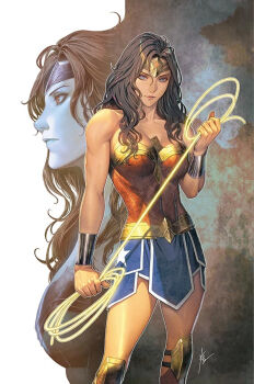 1girl bare_shoulders biceps bracer breasts cleavage dc_comics holding_lasso homare_(fool's_art) lasso lasso_of_truth looking_at_viewer muscular muscular_female official_art skirt solo strapless superhero_costume thighs tiara wonder_woman wonder_woman_(series)