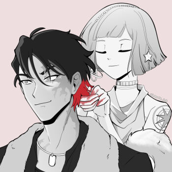 Rule 34 | 1boy, 1girl, behind another, blunt bangs, blunt ends, bob cut, burn scar, changing hair color, choker, closed mouth, colored tips, commentary, dog tags, english commentary, feather boa, greyscale with colored background, hair ornament, hands up, hayde ink, holding another's hair, j (reverse:1999), jacket, mercuria (reverse:1999), multicolored hair, pink background, red hair, reverse:1999, scar, scar on face, short hair, shoulder tattoo, smile, spot color, star (symbol), star hair ornament, tank top, tattoo, twitter username, upper body