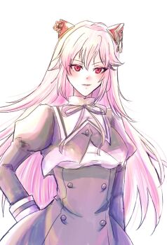 Rule 34 | 1girl, arm at side, assault lily, black ribbon, black skirt, blush, breasts, buttons, commentary, cropped jacket, endou araya, hair between eyes, hairpods, hand on own hip, high-waist skirt, highres, juliet sleeves, long hair, long sleeves, looking at viewer, medium breasts, mimori (mizumori0806), neck ribbon, parted lips, pink hair, puffy sleeves, red eyes, ribbon, school uniform, simple background, skirt, smile, solo, standing, teeth, upper body, upper teeth only, very long hair, white background, yurigaoka girls academy school uniform