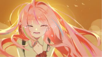 1girl absurdres blurry_edges closed_eyes collared_shirt commentary_request floating_hair hanako_nana hand_up happy_tears highres korean_commentary long_hair multicolored_hair open_mouth orange_background pink_hair shirt solo sparkle stellive streaked_hair tears upper_body virtual_youtuber wooju_ku