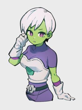1girl bodysuit breasts cheelai colored_skin dragon_ball dragon_ball_super dragon_ball_super_broly gloves green_skin grey_background kemachiku medium_breasts pink_eyes purple_bodysuit short_hair simple_background solo white_gloves white_hair