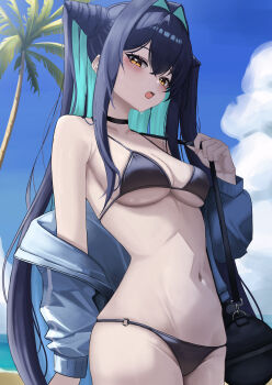 1girl absurdres alternate_costume aqua_eyes beach colored_inner_hair goddess_of_victory:_nikke hair_intakes highres little_mermaid_(nikke) long_hair multicolored_hair navel open_mouth palm_tree sand small_chair_(xiaosaiyi33818) solo tree very_long_hair water yellow_eyes