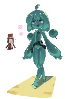 1girl :d ahoge belt belt_pouch borrowed_character colored_skin green_hair green_skin monster_girl nude open_mouth original potion pouch red_eyes sifserf slime_girl slime_girl_(porforever) smile walking