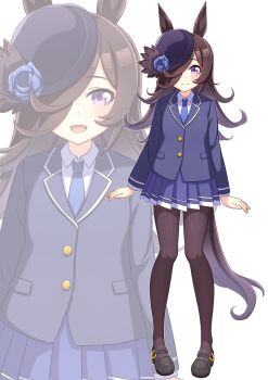 1girl :d alternate_costume animal_ears black_pantyhose black_shoes blazer blue_flower blue_hat blue_jacket blue_necktie blue_rose blue_skirt blush brown_hair closed_mouth collared_shirt commentary_request flipped_hair flower full_body hair_over_one_eye hat hat_flower highres hokuyukis horse_ears horse_girl horse_tail horseshoe_ornament jacket long_hair long_sleeves looking_at_viewer mary_janes miniskirt multicolored_skirt necktie open_mouth outline pantyhose pleated_skirt purple_eyes rice_shower_(umamusume) rose shirt shoes skirt smile solo standing tail tilted_headwear umamusume white_background white_outline white_shirt white_skirt zoom_layer