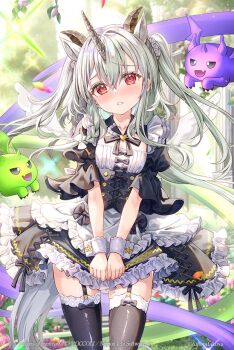 1girl animal_ears apron black_skirt black_thighhighs blurry blurry_background blush bow braid breasts commentary_request depth_of_field dragon_princess_(z/x) frilled_apron frilled_skirt frills fujima_takuya garter_straps grey_hair hair_between_eyes hair_bow horns long_hair looking_at_viewer nose_blush puffy_short_sleeves puffy_sleeves red_eyes short_sleeves skirt small_breasts solo thighhighs two_side_up unicorn_horn very_long_hair white_apron white_bow white_wings wings wrist_cuffs z/x