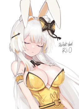 Rule 34 | 1girl, animal ear fluff, animal ears, arm garter, bare shoulders, belt, black survival, bow, bowtie, breasts, character name, cleavage, closed eyes, dano, detached collar, eternal return: black survival, facing viewer, hair bow, hair intakes, hair ornament, highres, large breasts, leotard, long hair, minami rio, minami rio (winning shot), multicolored hair, official alternate costume, parted lips, playboy bunny, rabbit ears, simple background, solo, spaghetti strap, strapless, strapless leotard, streaked hair, upper body, very long hair, white background, white hair, x hair ornament, yellow leotard