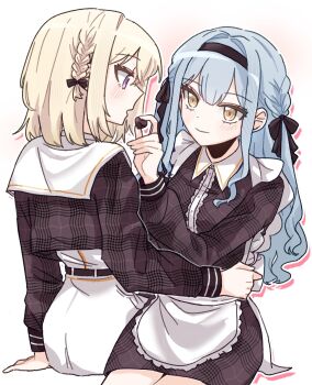 Rule 34 | 2girls, apron, at 09098, bang dream!, bang dream! it's mygo!!!!!, black dress, black hairband, black ribbon, blonde hair, blue hair, braid, candy, chocolate, chocolate heart, commentary request, dress, feeding, food, hair ribbon, hairband, heart, heart-shaped food, highres, korean commentary, long hair, long sleeves, medium hair, misumi uika, multiple girls, open mouth, plaid clothes, plaid dress, purple eyes, ribbon, side braid, simple background, togawa sakiko, waist apron, white apron, white background, yuri