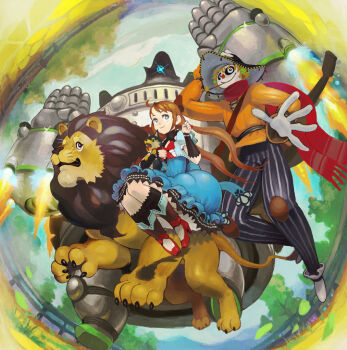 Rule 34 | 1girl, 4boys, artist name, artist request, blue dress, brick road, brown hair, cowardly lion, dog, dorothy gale, dorothy gale (riz-zoawd), dress, forest, hat, high heels, lion, long dress, long hair, looking at viewer, media.vision, multiple boys, nature, red slippers, riz-zoawd, scarecrow, scarecrow (the wizard of oz), size difference, slippers, straw hat, the wizard of oz, tin man (the wizard of oz), toto (the wizard of oz), yellow brick road